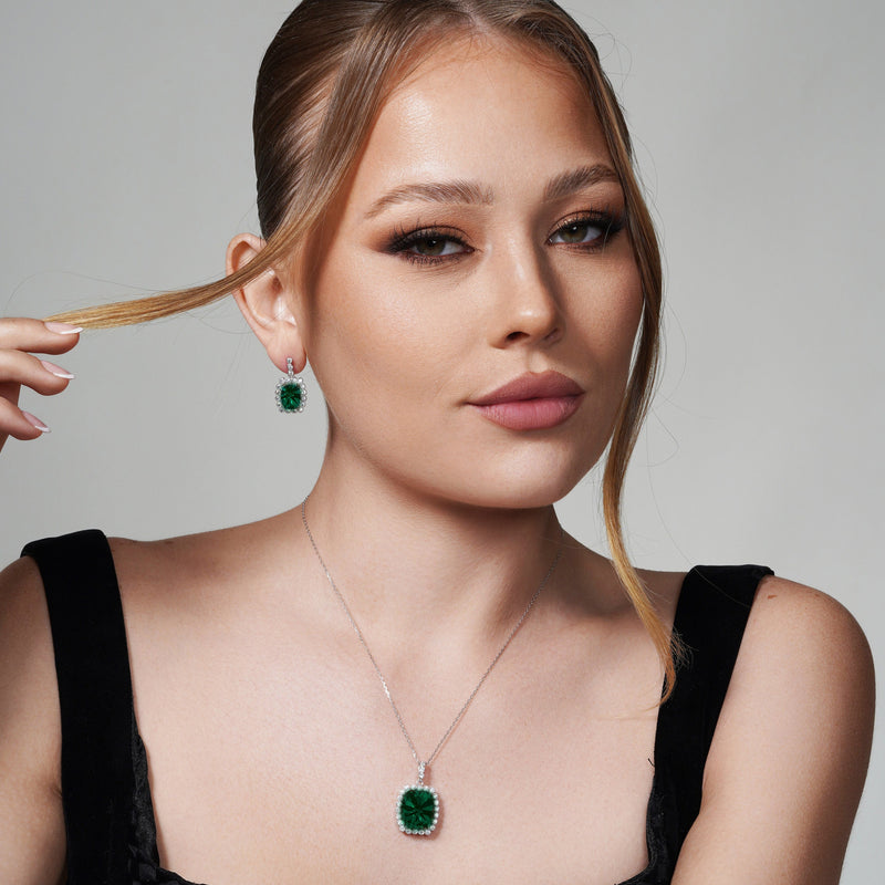 Silver 925 Rhodium Plated Green and Clear Rectangular CZ Dangling Stud Earring and Necklace Set - BGS00166