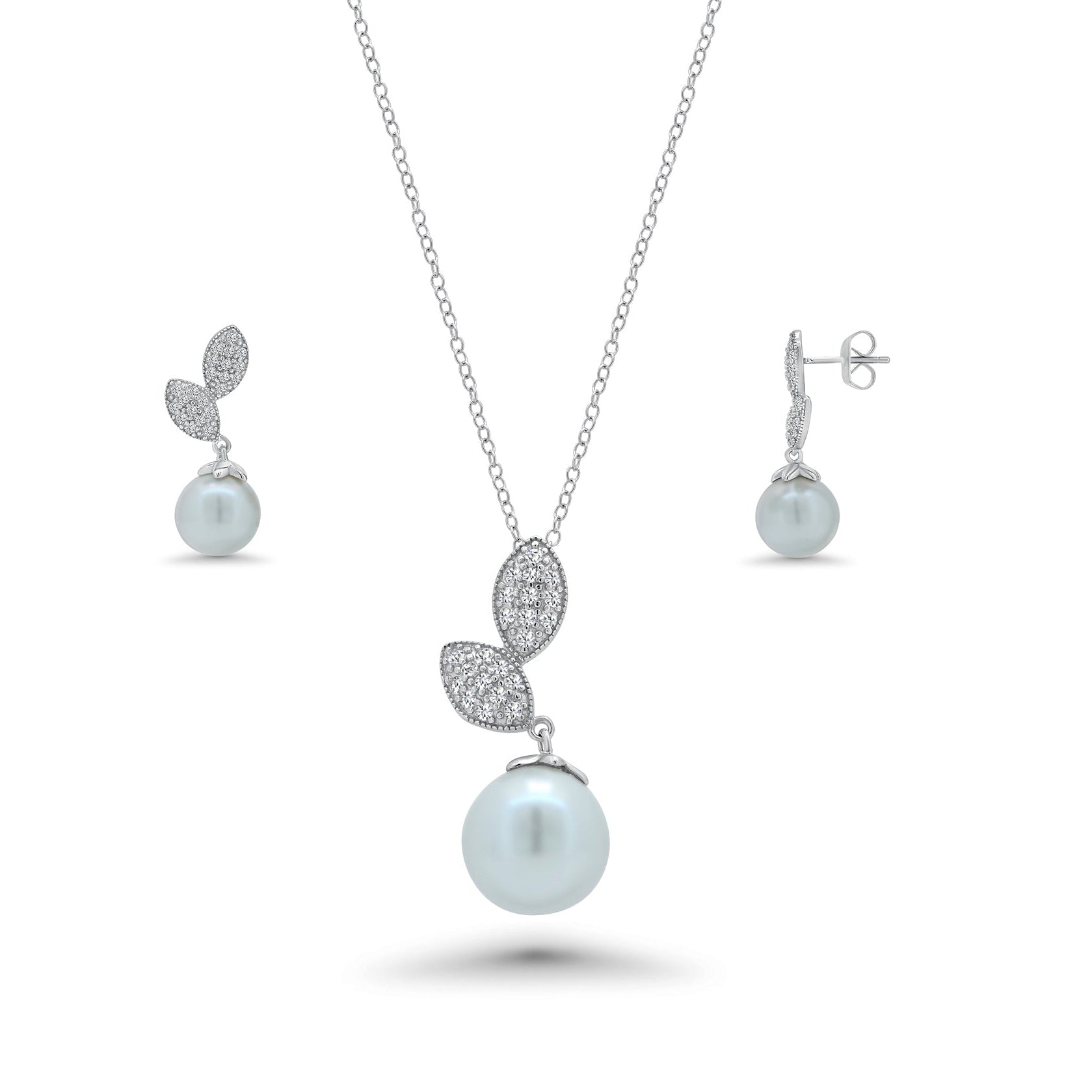 Silver 925 Rhodium Plated Pearl Sprout Clear CZ Hanging Stud Earring and Hanging Necklace Set - BGS00179