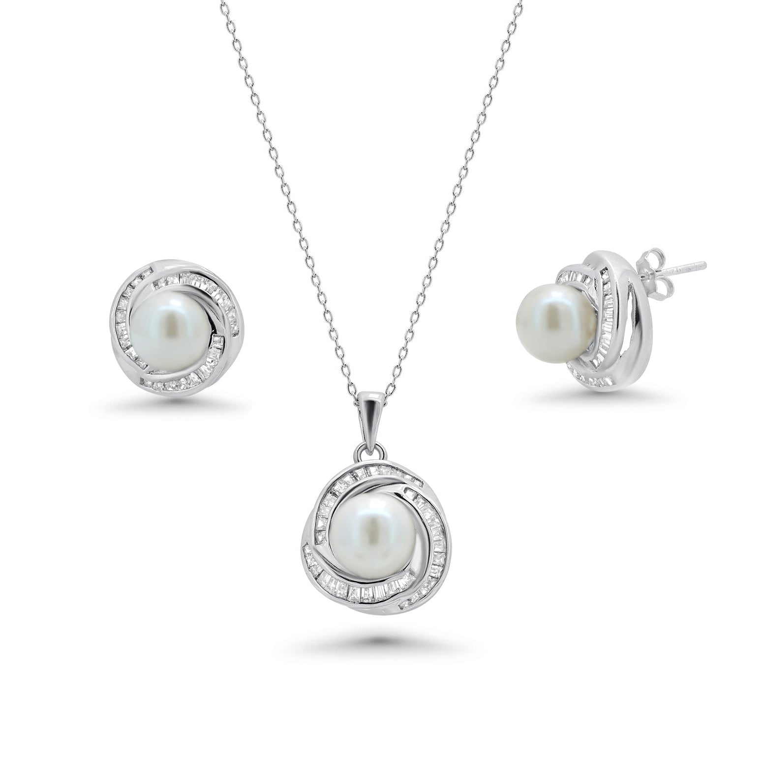 Rhodium Plated 925 Sterling Silver Clear Baguette CZ Pearl Center Stud Earring and Necklace Set - BGS00207