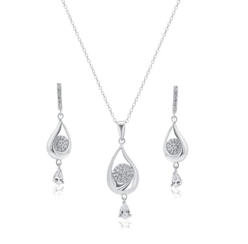 Silver 925 Rhodium Plated Teardrop Clear CZ Dangling Stud Earring and Dangling Necklace Set - BGS00210
