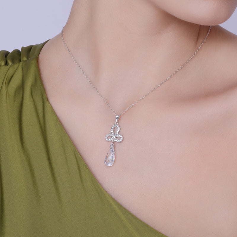 Silver 925 Rhodium Plated Clear Ribbon CZ Hanging Stud Earring and Necklace Set - BGS00211