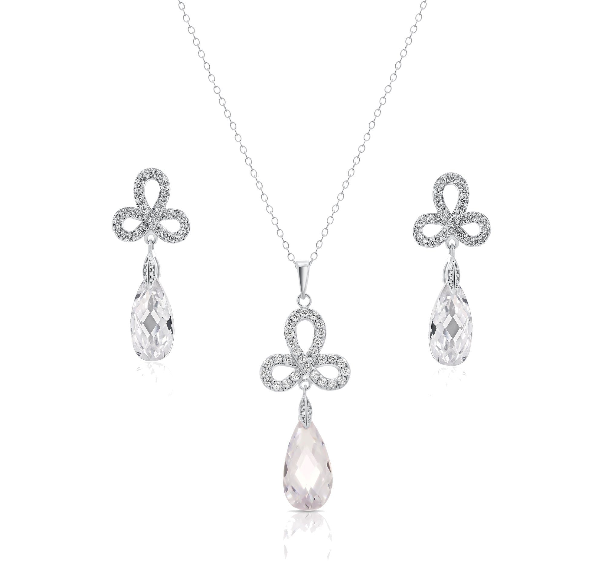 Silver 925 Rhodium Plated Clear Ribbon CZ Hanging Stud Earring and Necklace Set - BGS00211