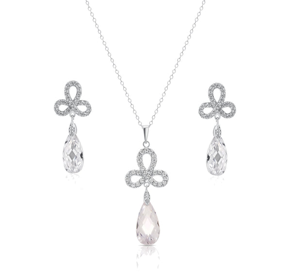 Silver 925 Rhodium Plated Clear Ribbon CZ Hanging Stud Earring and Necklace Set - BGS00211