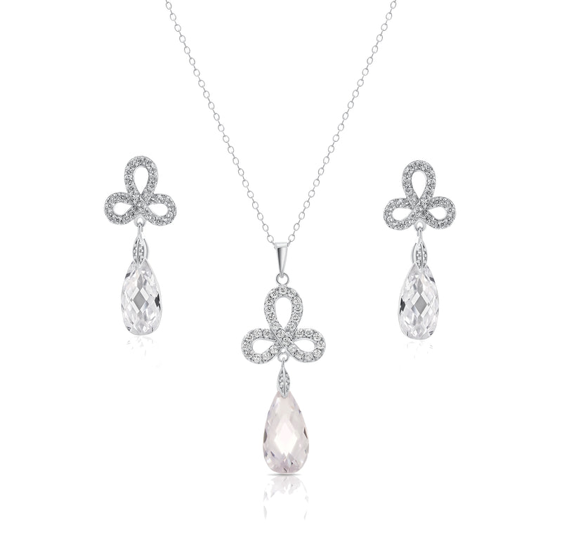 Silver 925 Rhodium Plated Clear Ribbon CZ Hanging Stud Earring and Necklace Set - BGS00211