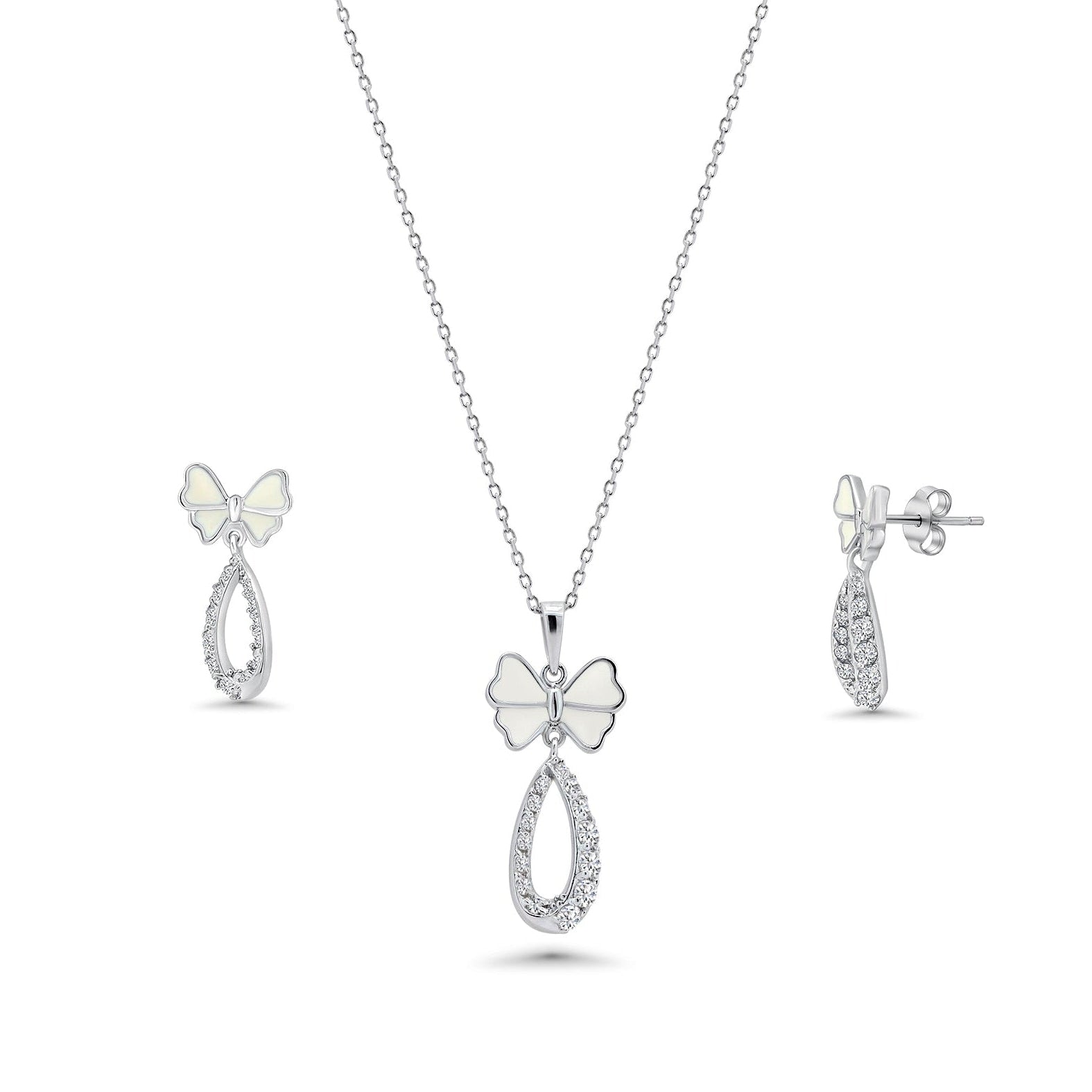 Rhodium Plated 925 Sterling Silver Open Butterfly Teardrop Clear CZ Hanging Set - BGS00216