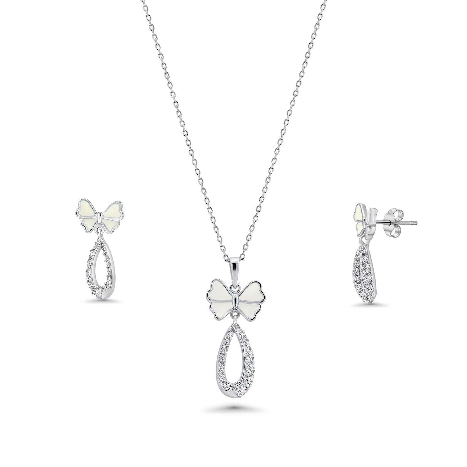 Rhodium Plated 925 Sterling Silver Open Butterfly Teardrop Clear CZ Hanging Set - BGS00216
