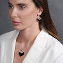 Clearance-Silver 925 Rhodium Plated Black Onyx Clear Double Heart CZ Hook Earring and Necklace Set - BGS00219