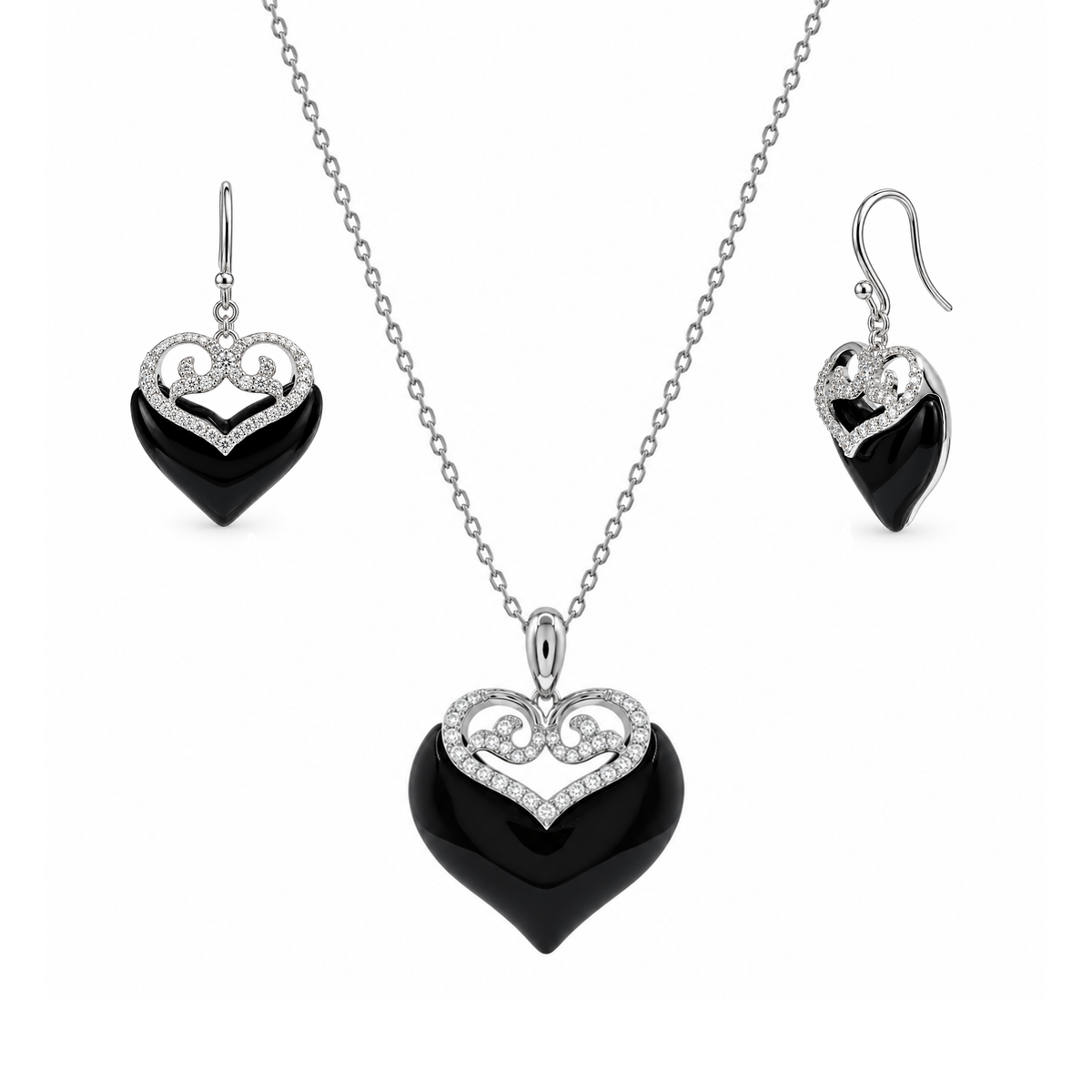 Clearance-Rhodium Plated 925 Sterling Silver Black Onyx Double Heart CZ Earrings and Necklace Set - BGS00219
