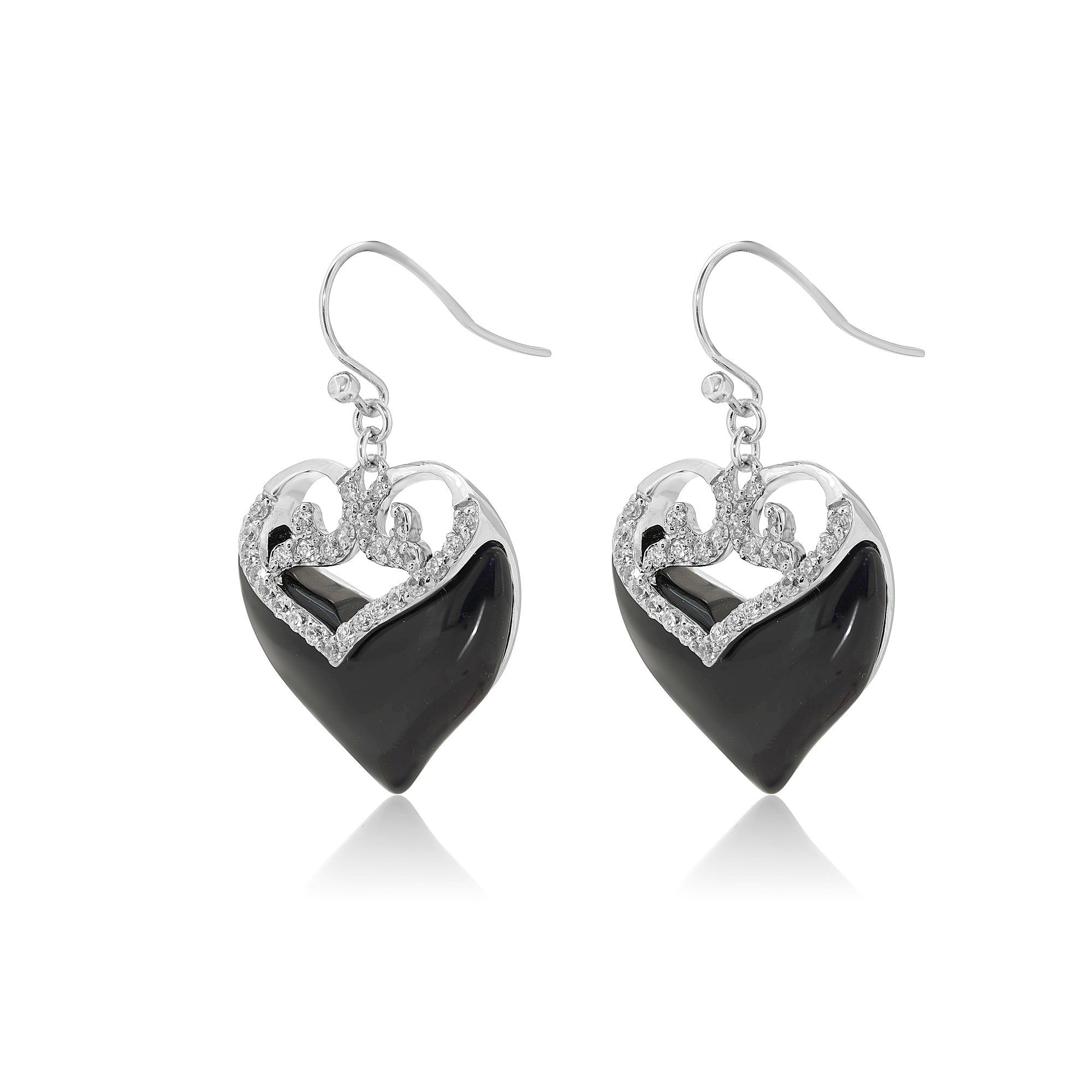 Liquidación - Conjunto de pendientes y collar de gancho con doble corazón de circonita cúbica transparente de ónix negro rodiado en plata 925 - BGS00219