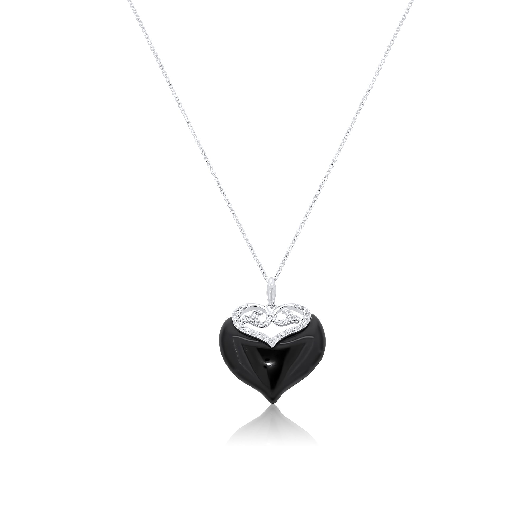 Liquidación - Conjunto de pendientes y collar de gancho con doble corazón de circonita cúbica transparente de ónix negro rodiado en plata 925 - BGS00219