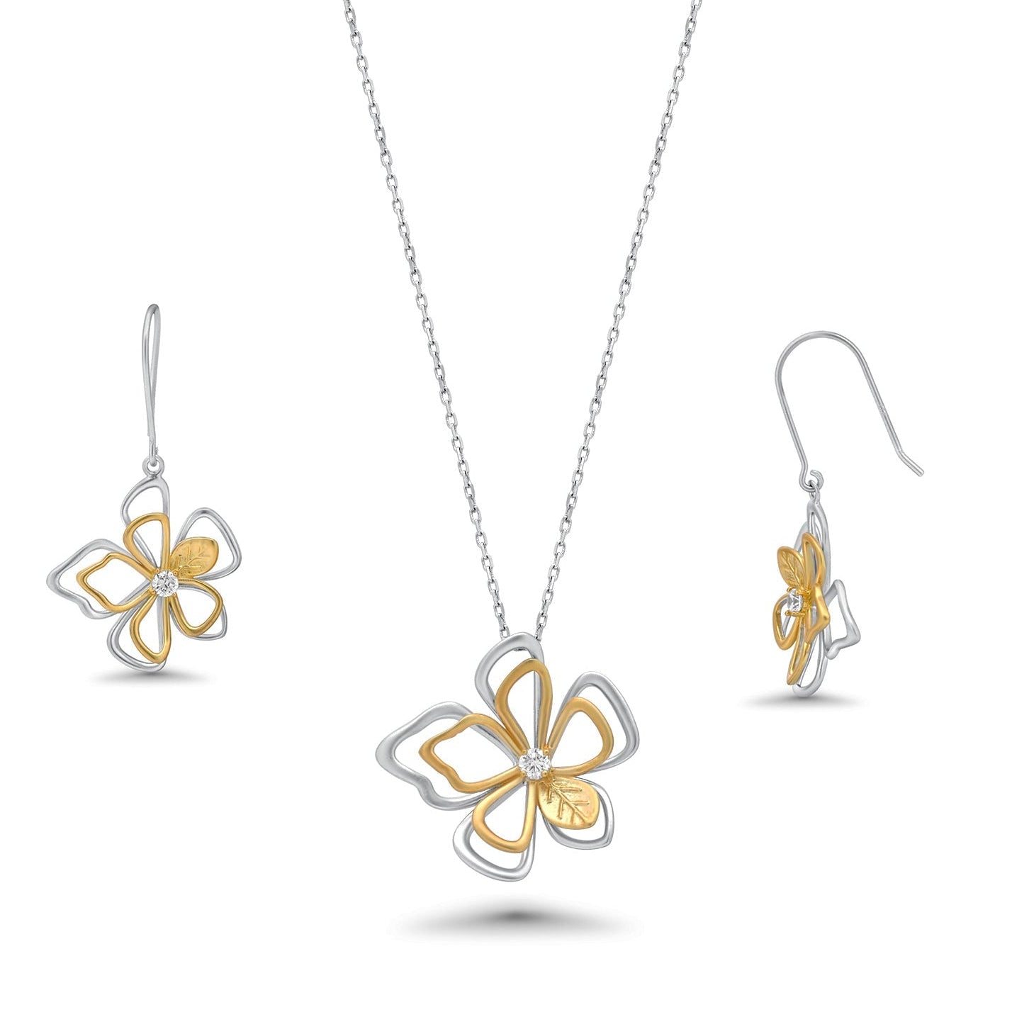 Two Tone Plated 925 Sterling Silver Open Flower Outline Clear CZ Earring and Necklace Set - BGS00225