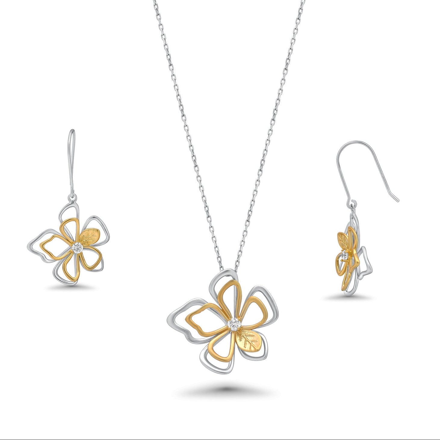 Two Tone Plated 925 Sterling Silver Open Flower Outline Clear CZ Earring and Necklace Set - BGS00225