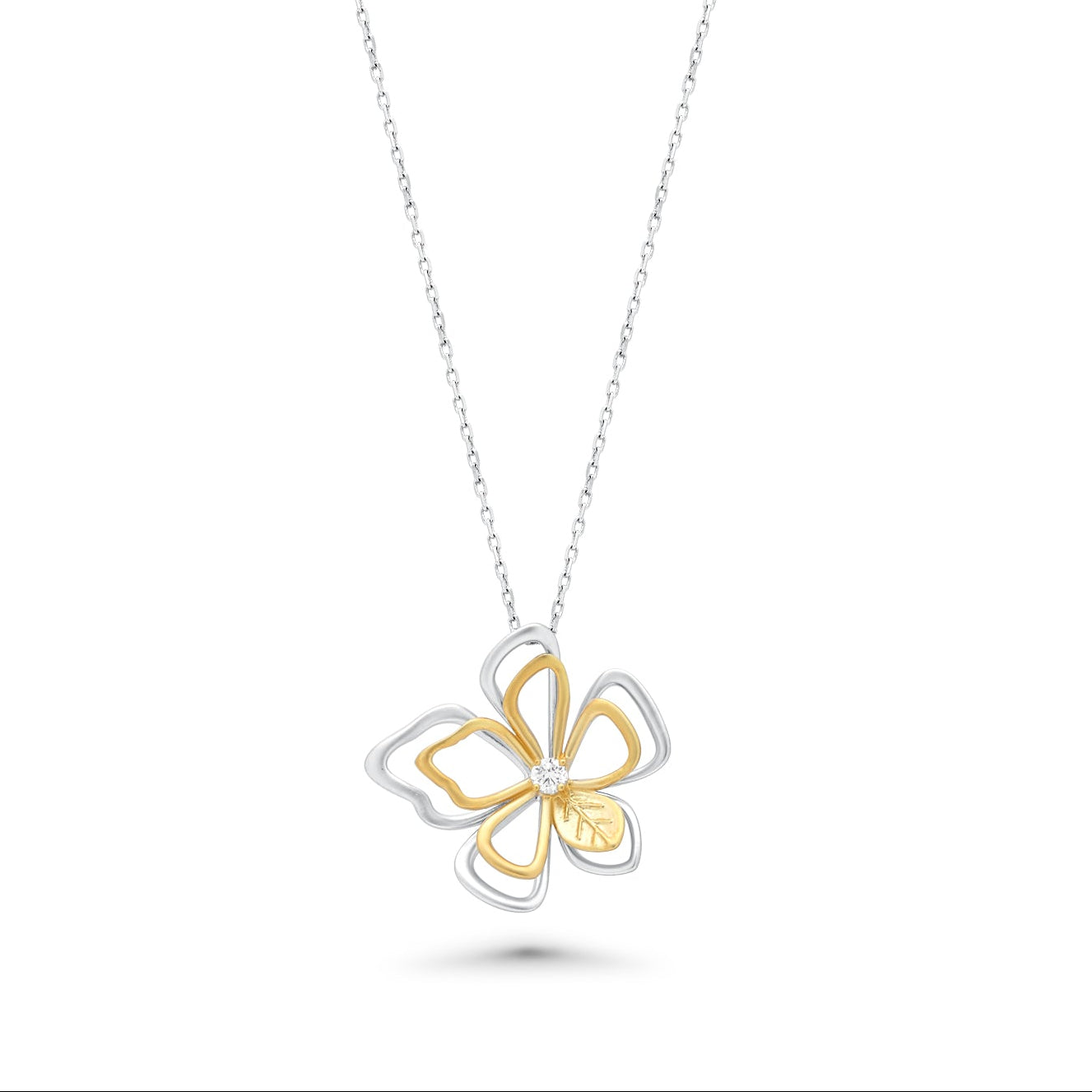 Two Tone Plated 925 Sterling Silver Open Flower Outline Clear CZ Earring and Necklace Set - BGS00225