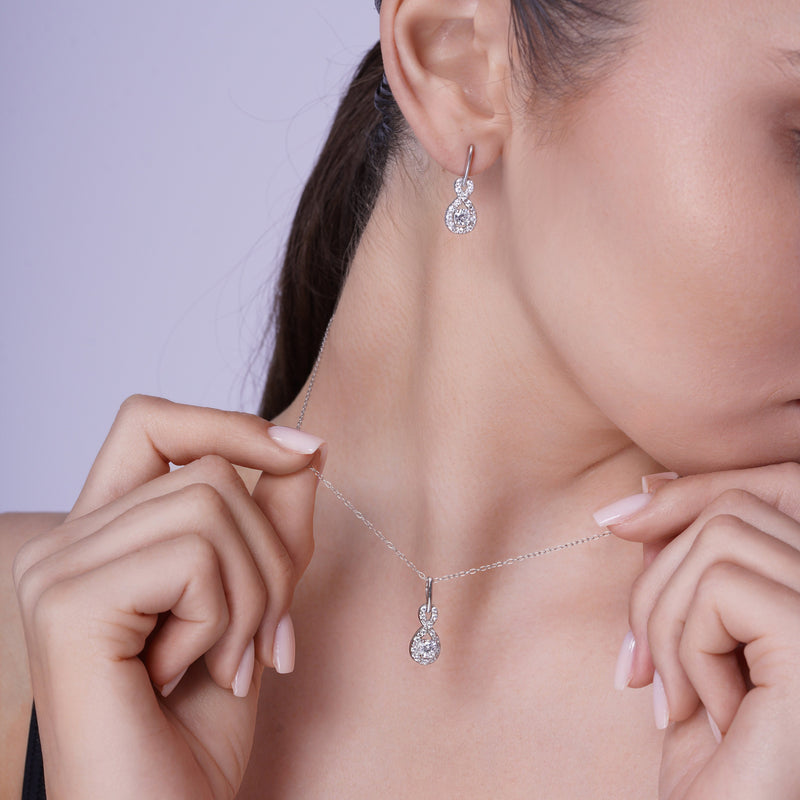 Rhodium Plated 925 Sterling Silver Figure 8 Teardrop Clear CZ Dangling Stud Set - BGS00227