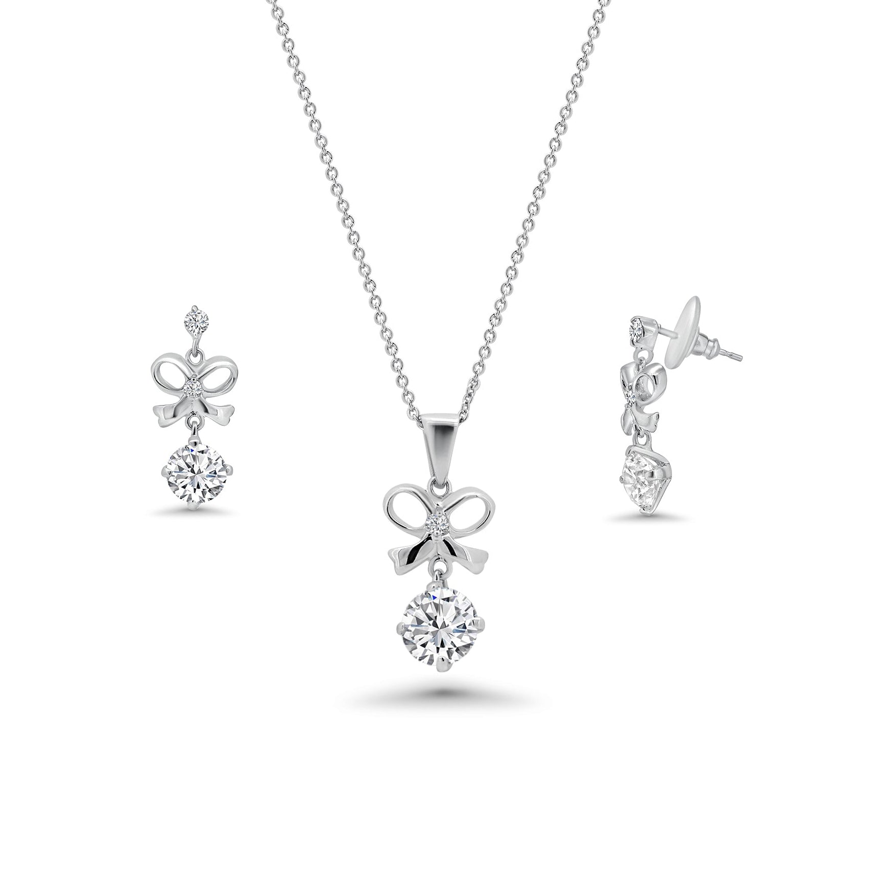 Juego de collar y aretes colgantes con circonita transparente bañada en rodio de plata 925 - BGS00229