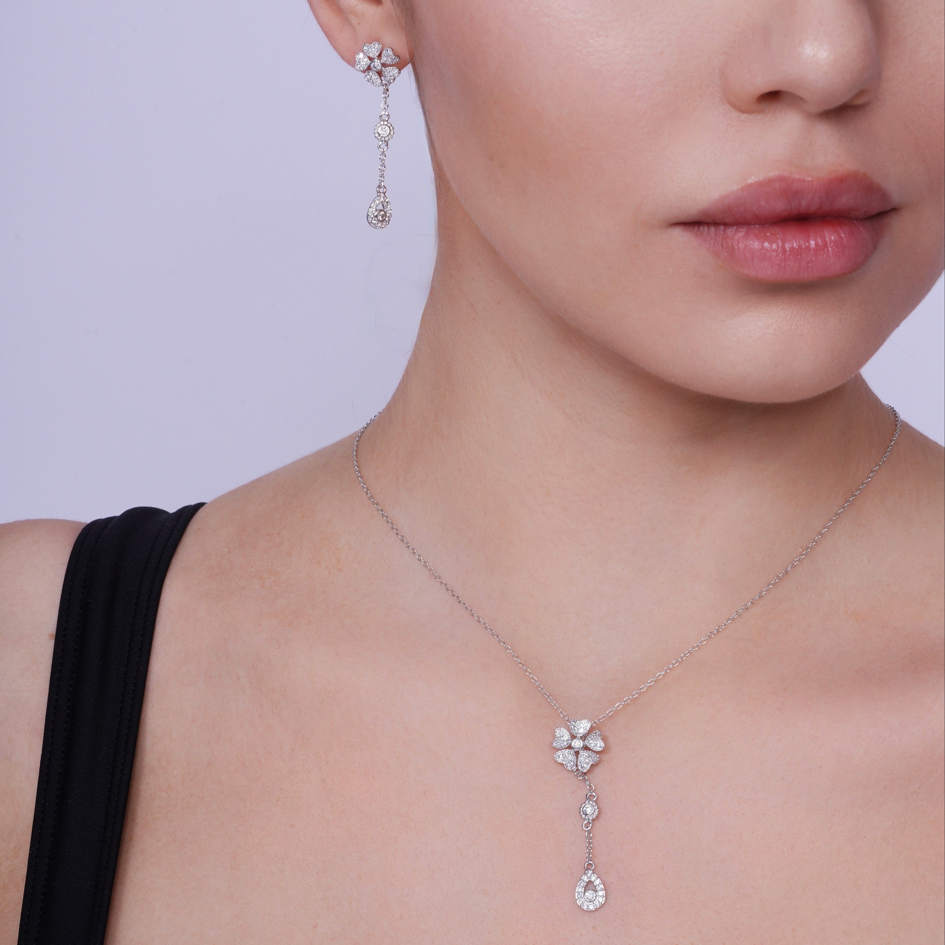 Rhodium Plated 925 Sterling Silver Clear Teardrop Flower CZ Dangling Set - BGS00231