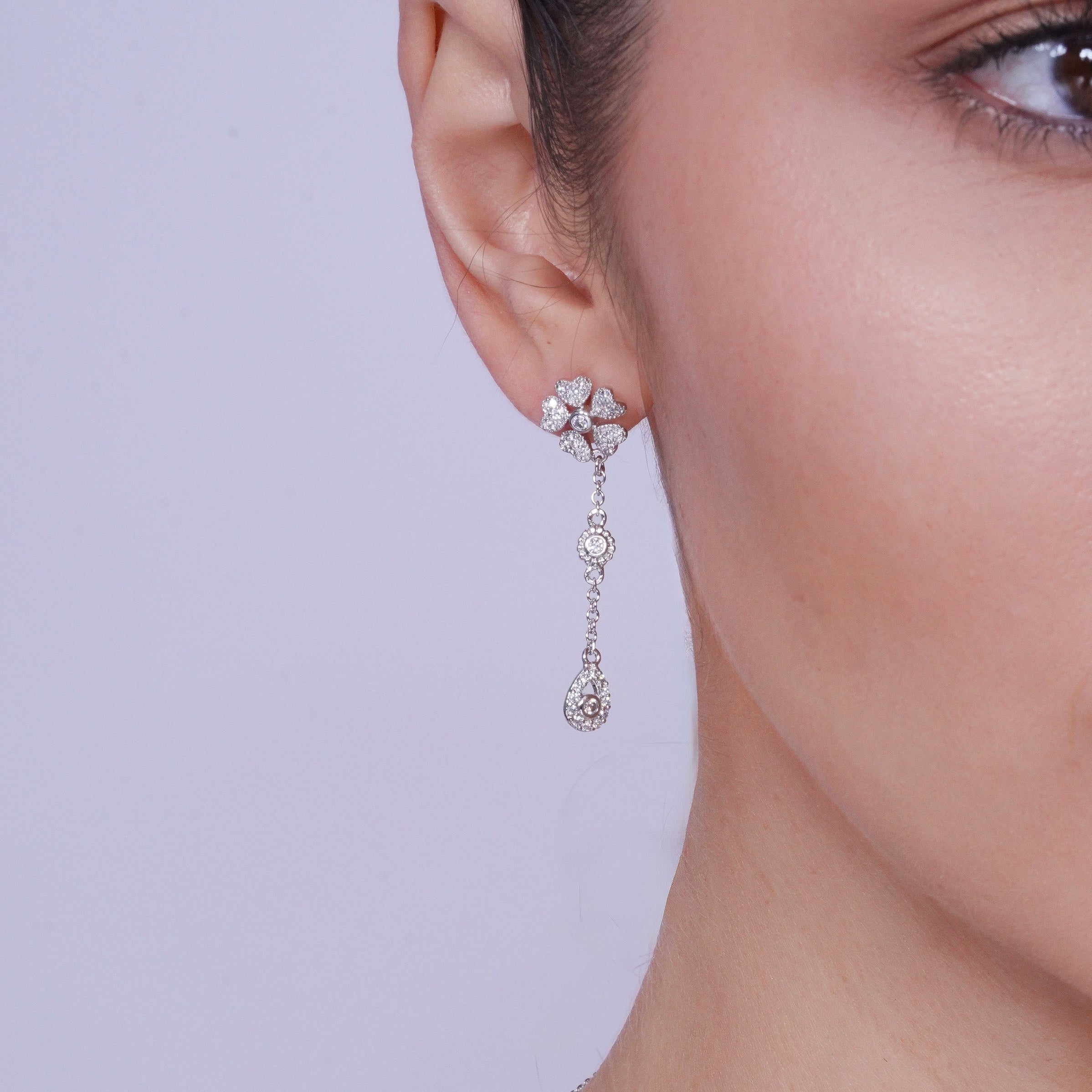 Rhodium Plated 925 Sterling Silver Clear Teardrop Flower CZ Dangling Set - BGS00231