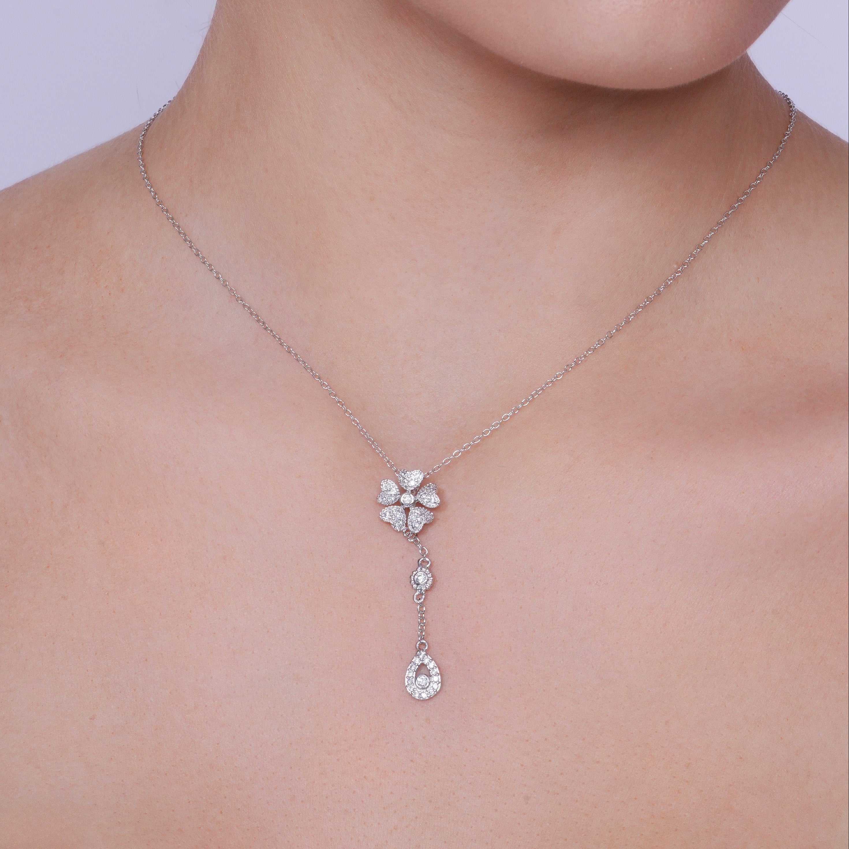 Rhodium Plated 925 Sterling Silver Clear Teardrop Flower CZ Dangling Set - BGS00231