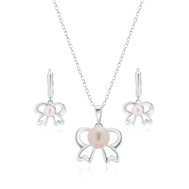 Silver 925 Rhodium Plated Pearl Bow Lever back Earring and Necklace Set - BGS00240