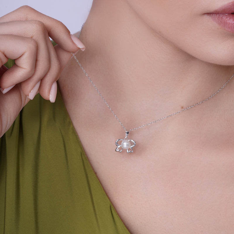 Silver 925 Rhodium Plated Pearl Bow Lever back Earring and Necklace Set - BGS00240