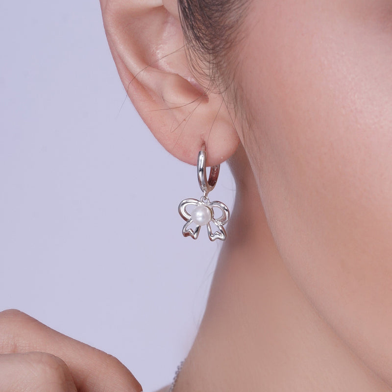 Silver 925 Rhodium Plated Pearl Bow Lever back Earring and Necklace Set - BGS00240