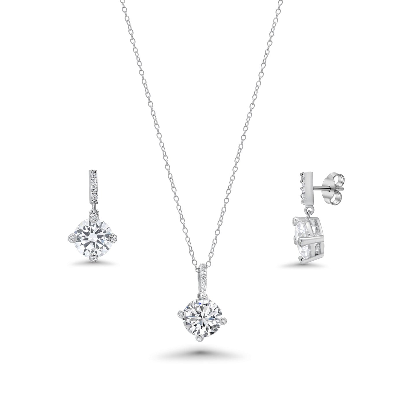 Rhodium Plated 925 Sterling Silver Clear Round CZ Dangling Stud Earring and Necklace Set - BGS00241