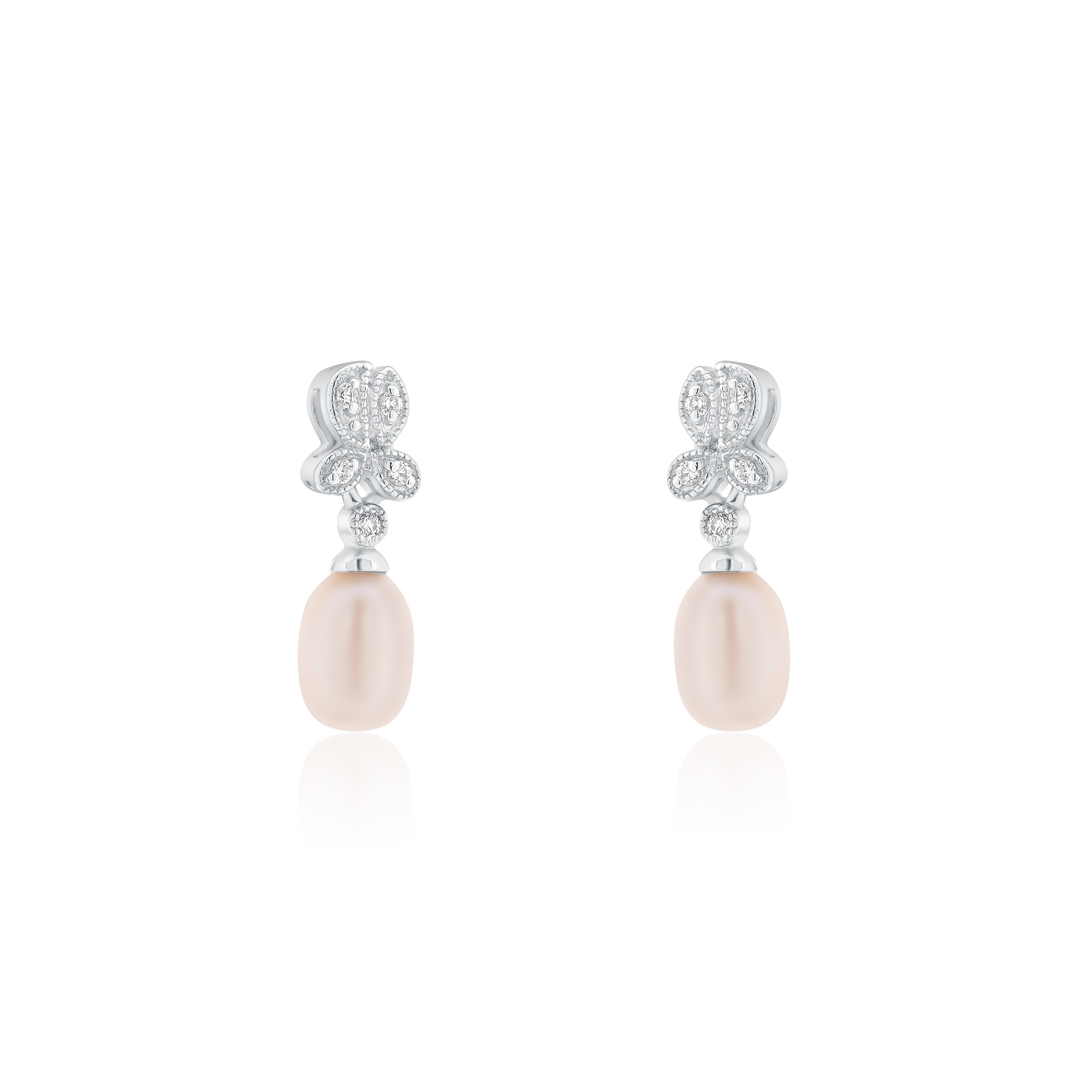 Silver 925 Rhodium Plated Fresh Water Pearl Flower Clear CZ Hanging Set - BGS00242