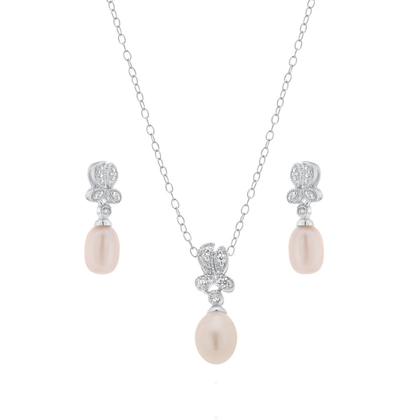 Silver 925 Rhodium Plated Fresh Water Pearl Flower Clear CZ Hanging Set - BGS00242