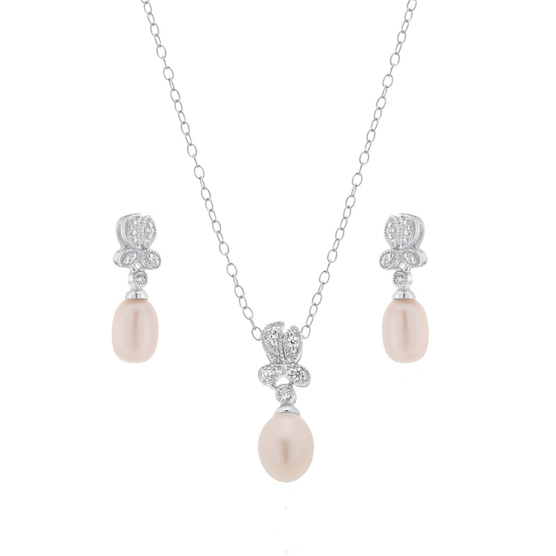 Juego colgante de plata 925 chapado en rodio con perlas de agua dulce y circonita transparente - BGS00242