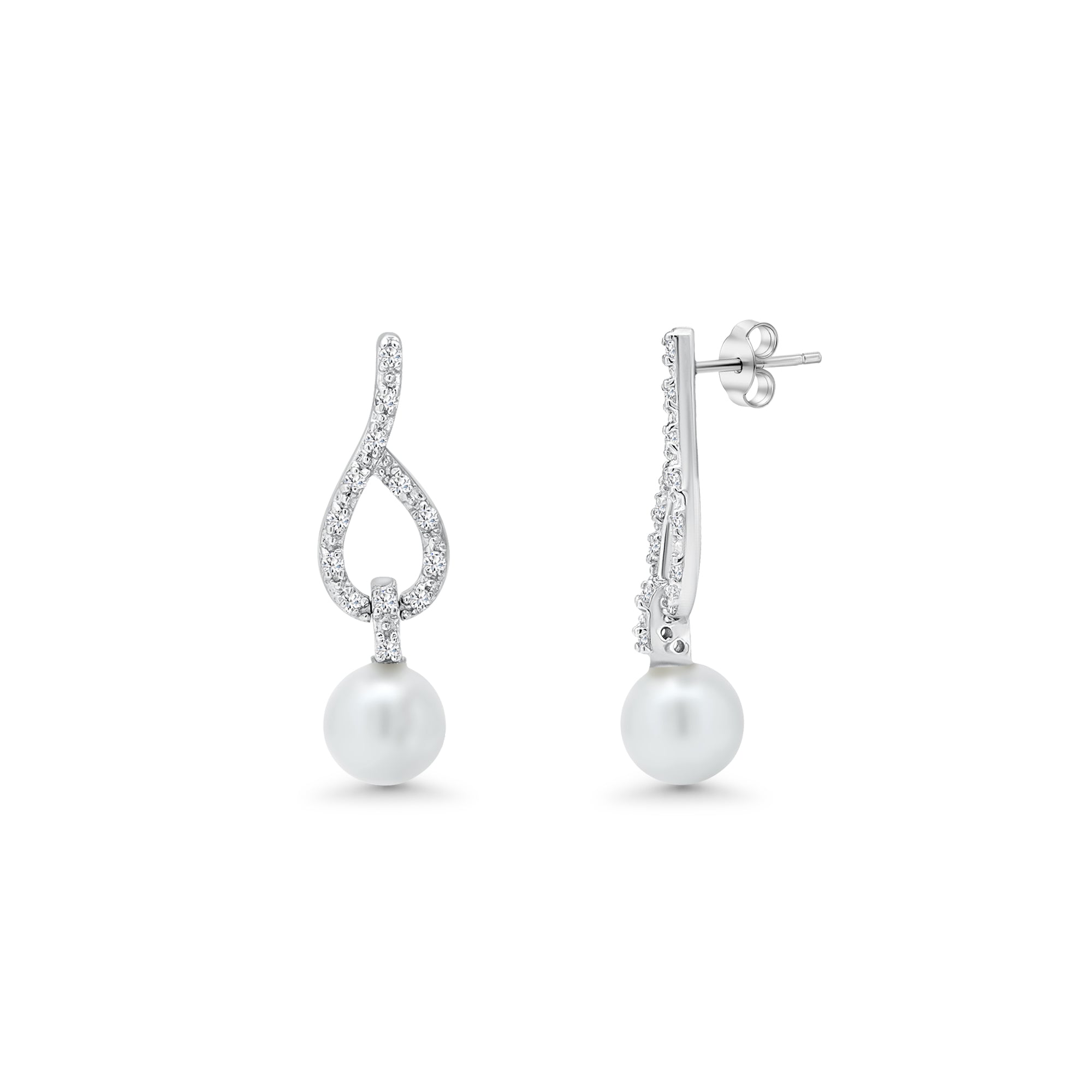 Juego de aretes colgantes y collar colgante con circonita cúbica en forma de lágrima abierta transparente con perla chapada en rodio de plata 925 - BGS00243