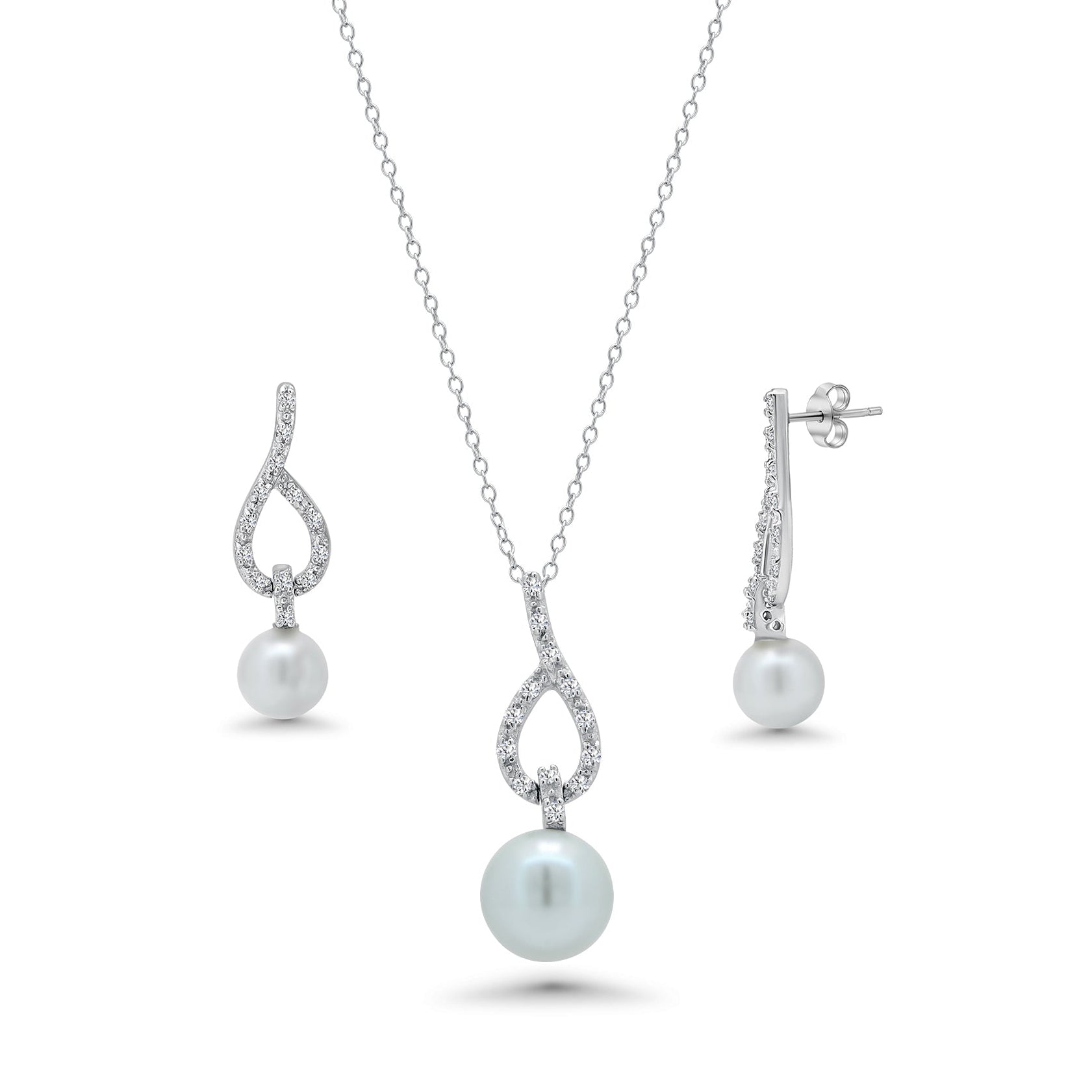 Juego de aretes colgantes y collar colgante con circonita cúbica en forma de lágrima abierta transparente con perla chapada en rodio de plata 925 - BGS00243