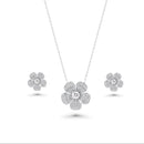 Silver 925 Rhodium Plated Clear Pave Set Flower CZ Stud Earring and Necklace Set - BGS00253