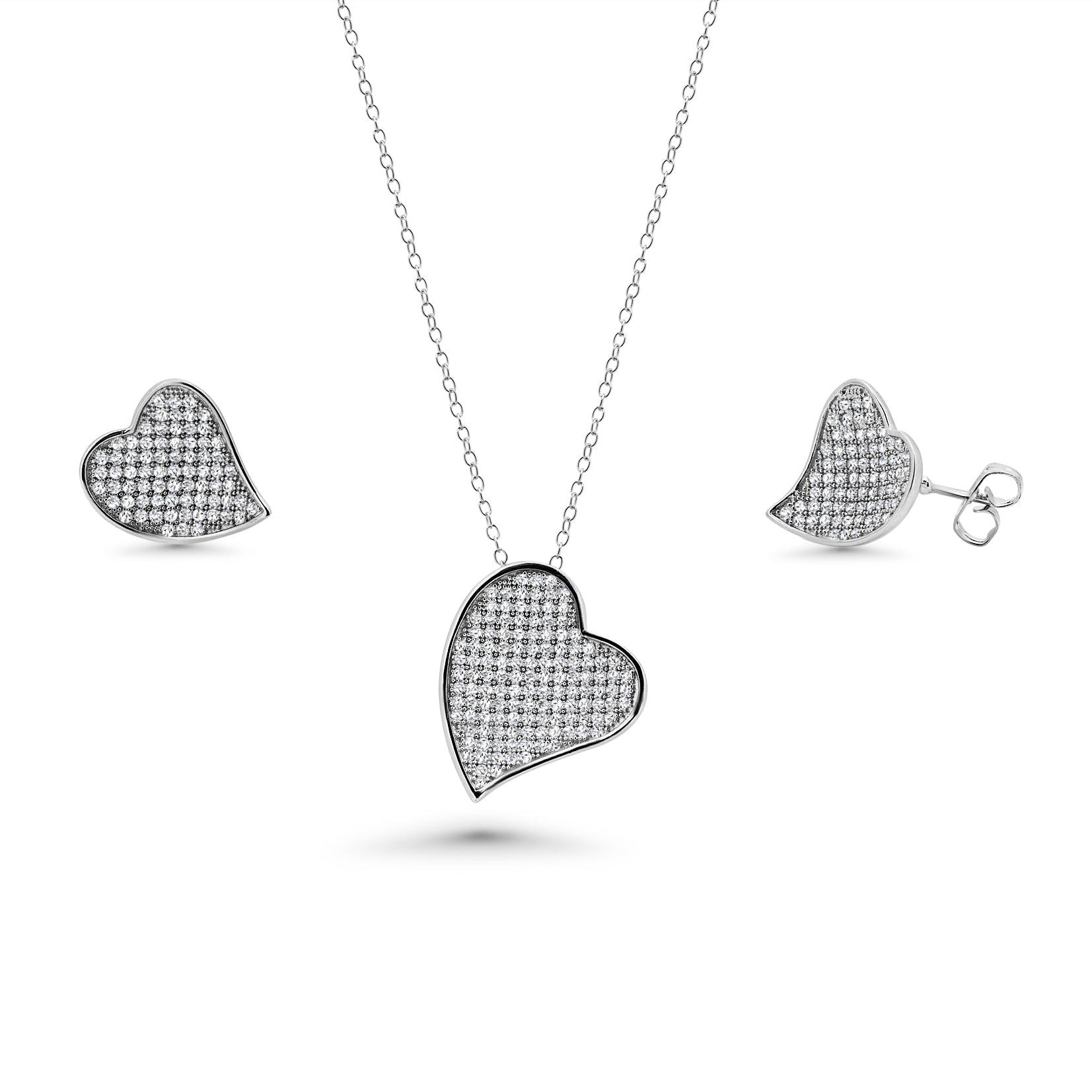 Rhodium Plated 925 Sterling Silver Micro Pave Clear Curled Heart CZ Stud Earring and Necklace Set - BGS00254