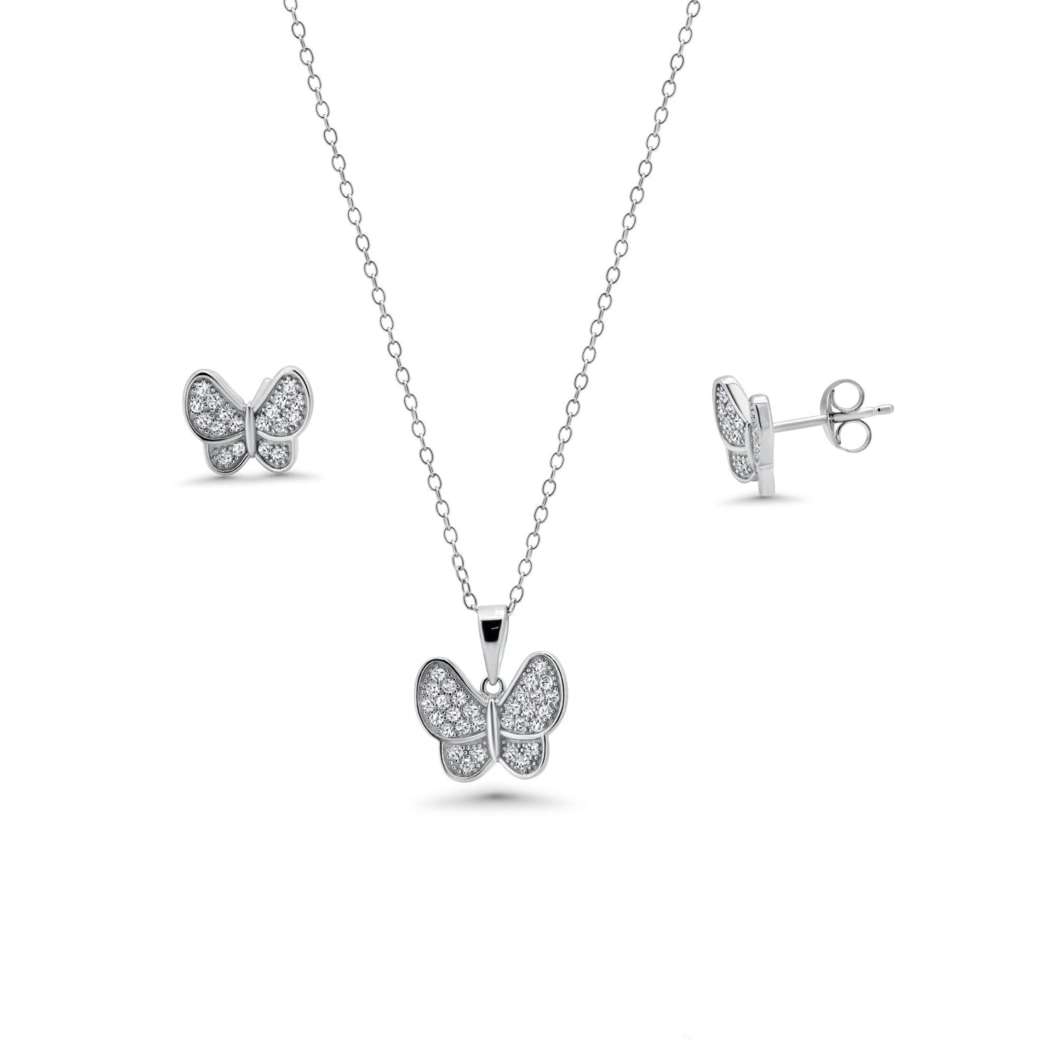 Rhodium Plated 925 Sterling Silver Clear CZ Butterfly CZ Earring & Necklace Set - BGS00255