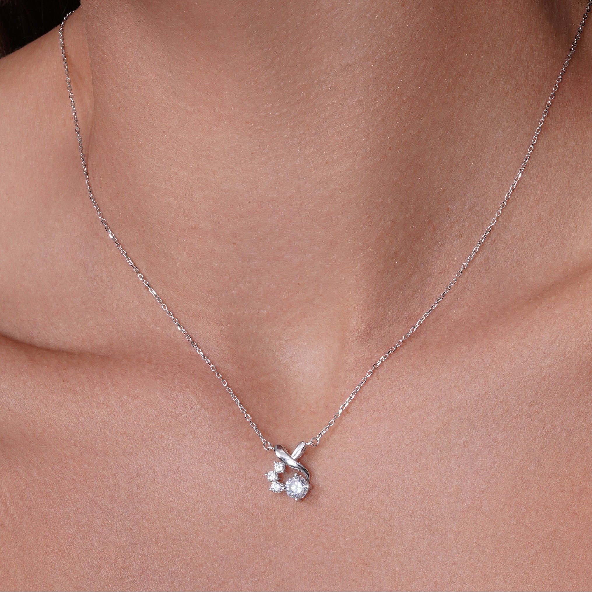 Silver 925 Rhodium Plated Individual Clear Twist Wrap CZ Stud Earring and Necklace Set - BGS00259