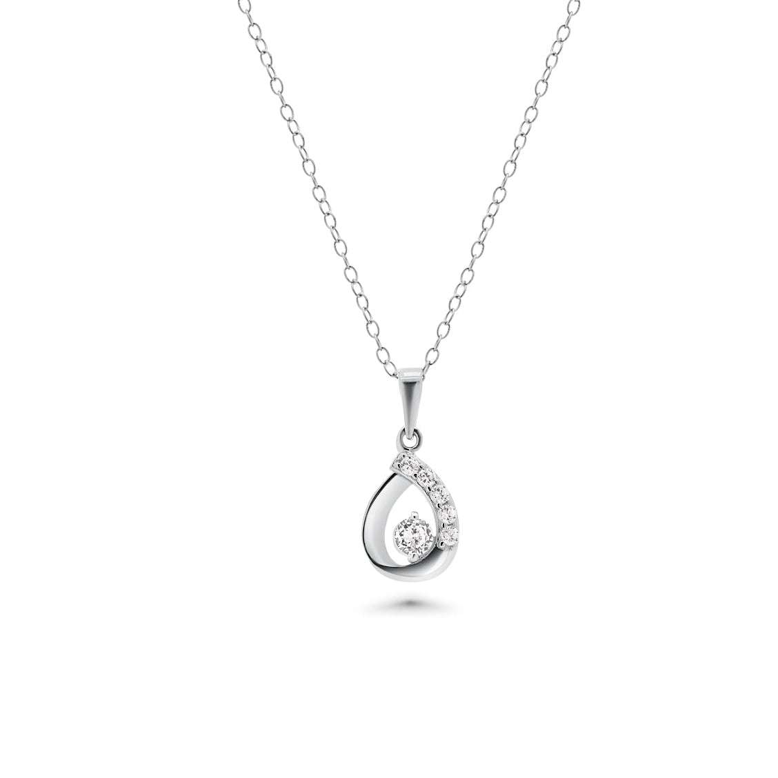 Silver 925 Rhodium Plated Open Teardrop Clear CZ Leverback Earring and Necklace Set - BGS00260