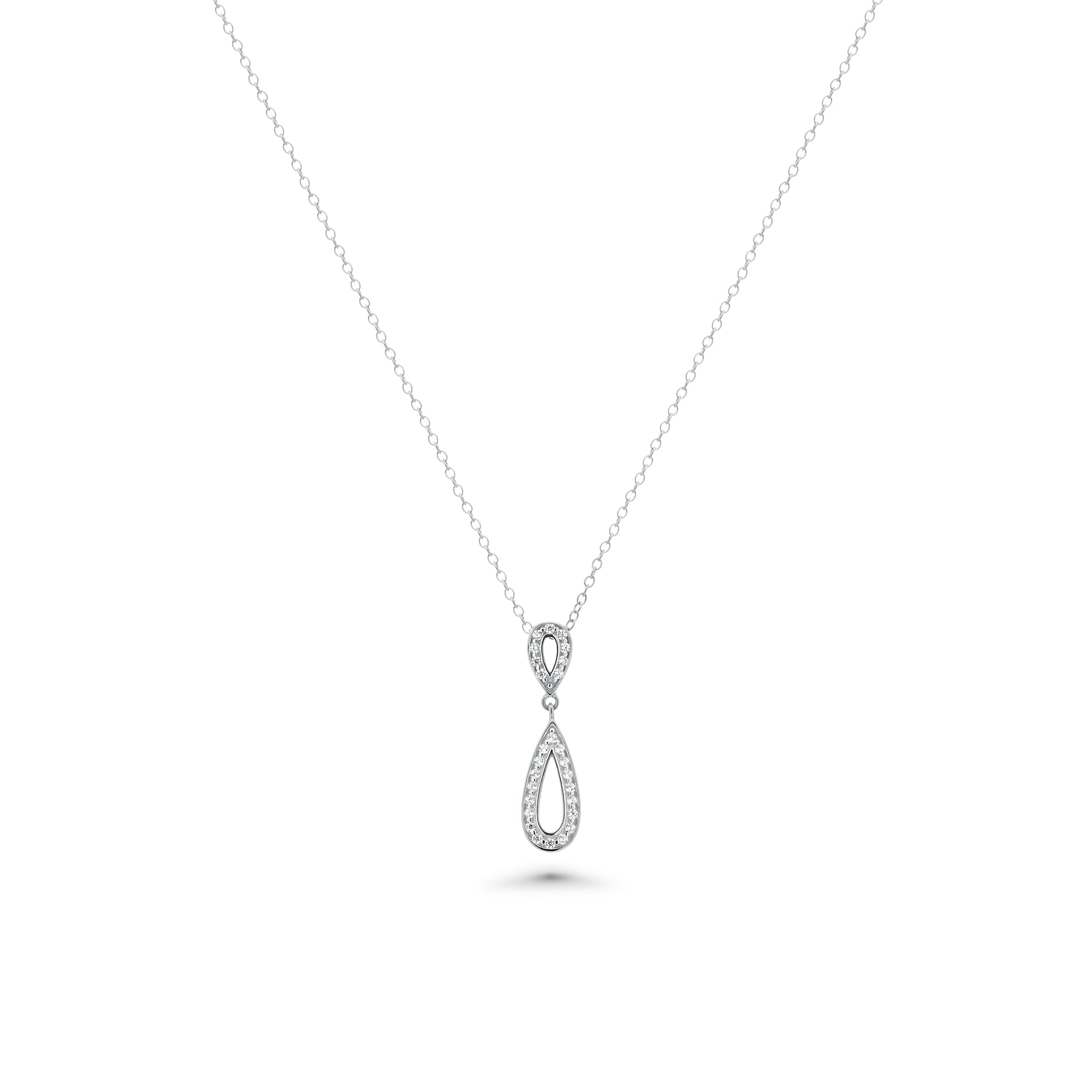 Juego de aretes colgantes y collar colgante con circonita cúbica en forma de lágrima abierta transparente chapada en rodio de plata 925 - BGS00261