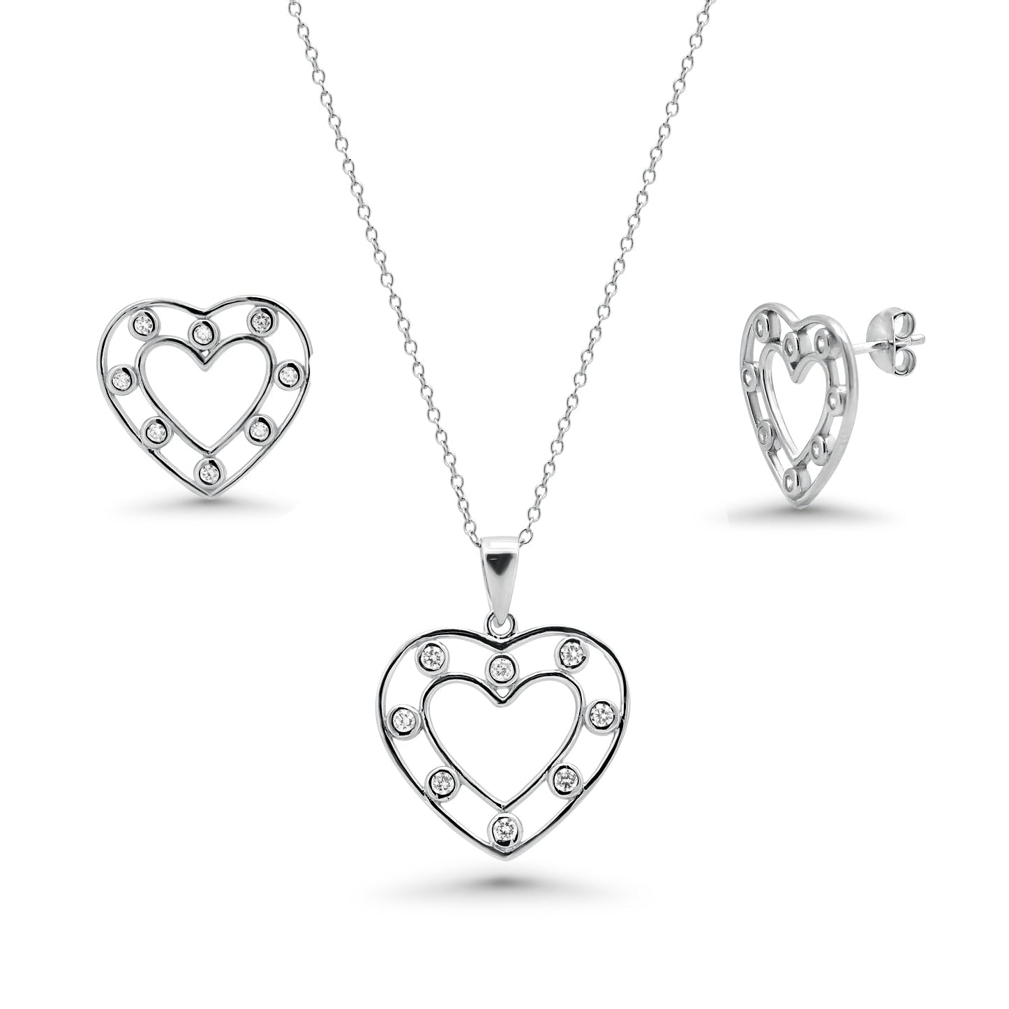 Rhodium Plated 925 Sterling Silver Clear Bezel CZ Open Outline Heart CZ Stud Earring and Dangling Necklace Set - BGS00262