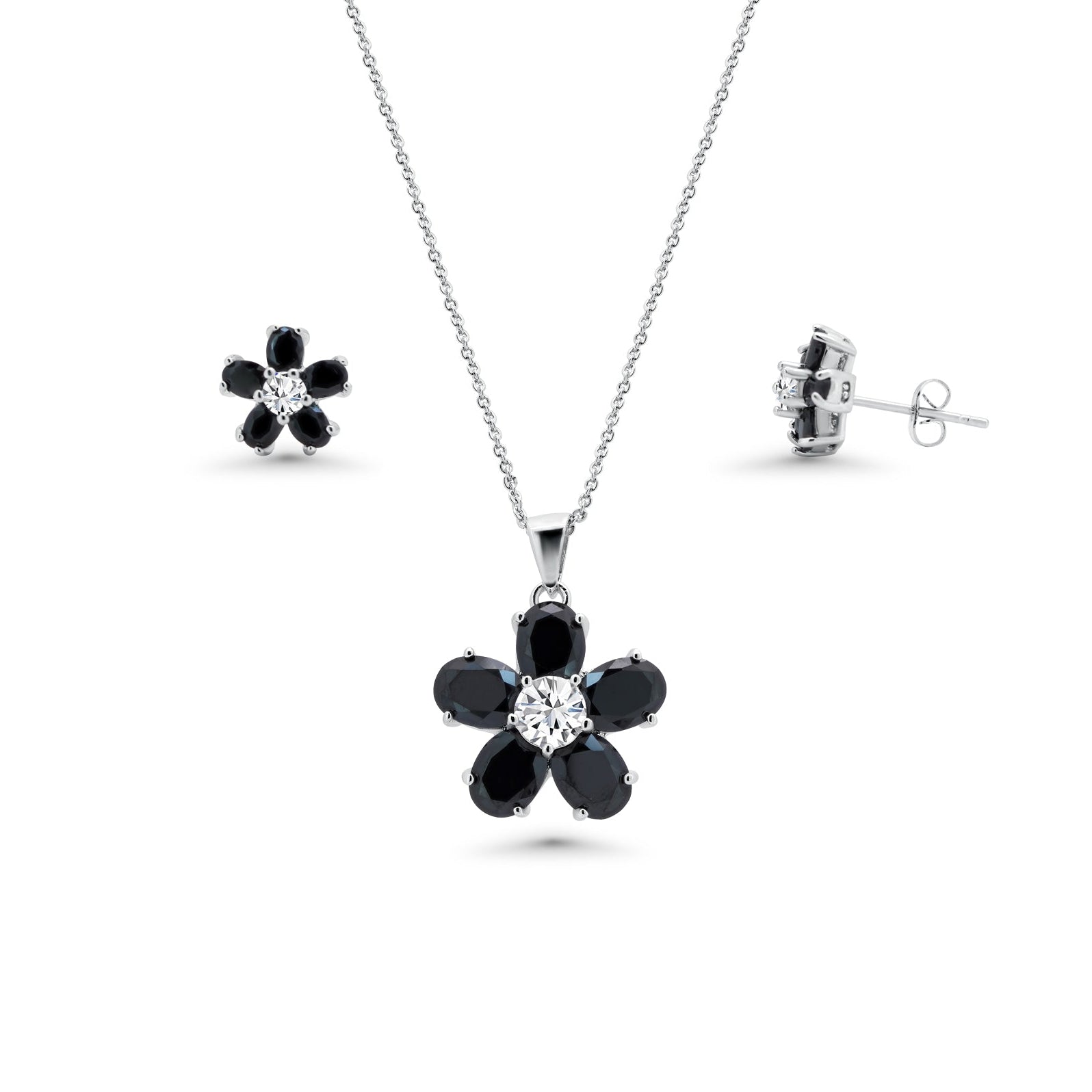 Rhodium Plated 925 Sterling Silver Black and Clear Flower CZ Set - BGS00267