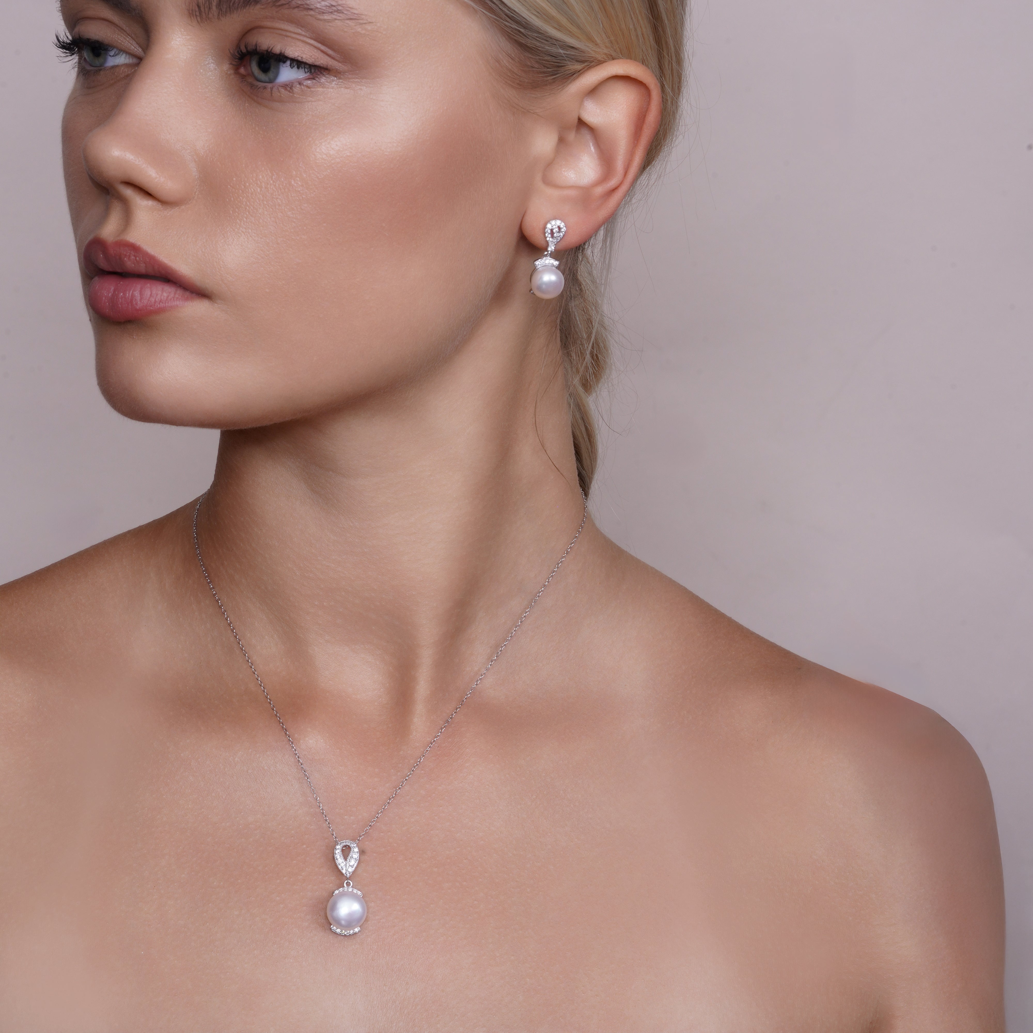 Rhodium Plated 925 Silver CZ & Fresh Water Pearl Dangle Earring & Necklace Set - BGS00269