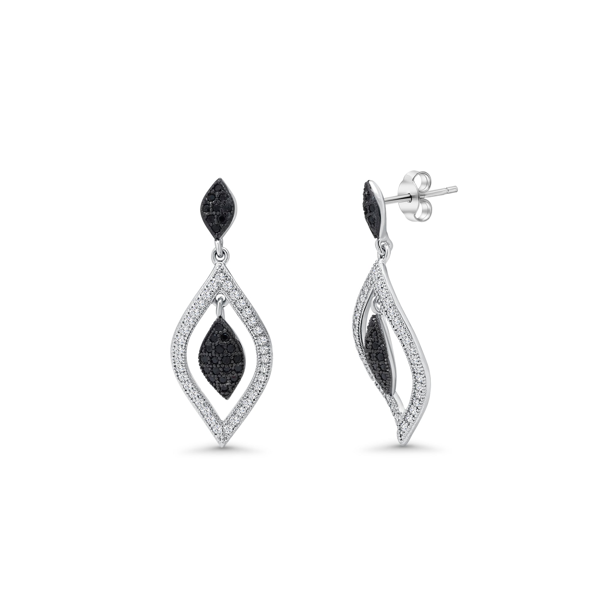 Rhodium Plated 925 Sterling Silver Black and Clear CZ Open Marquise Teardrop Set - BGS00271
