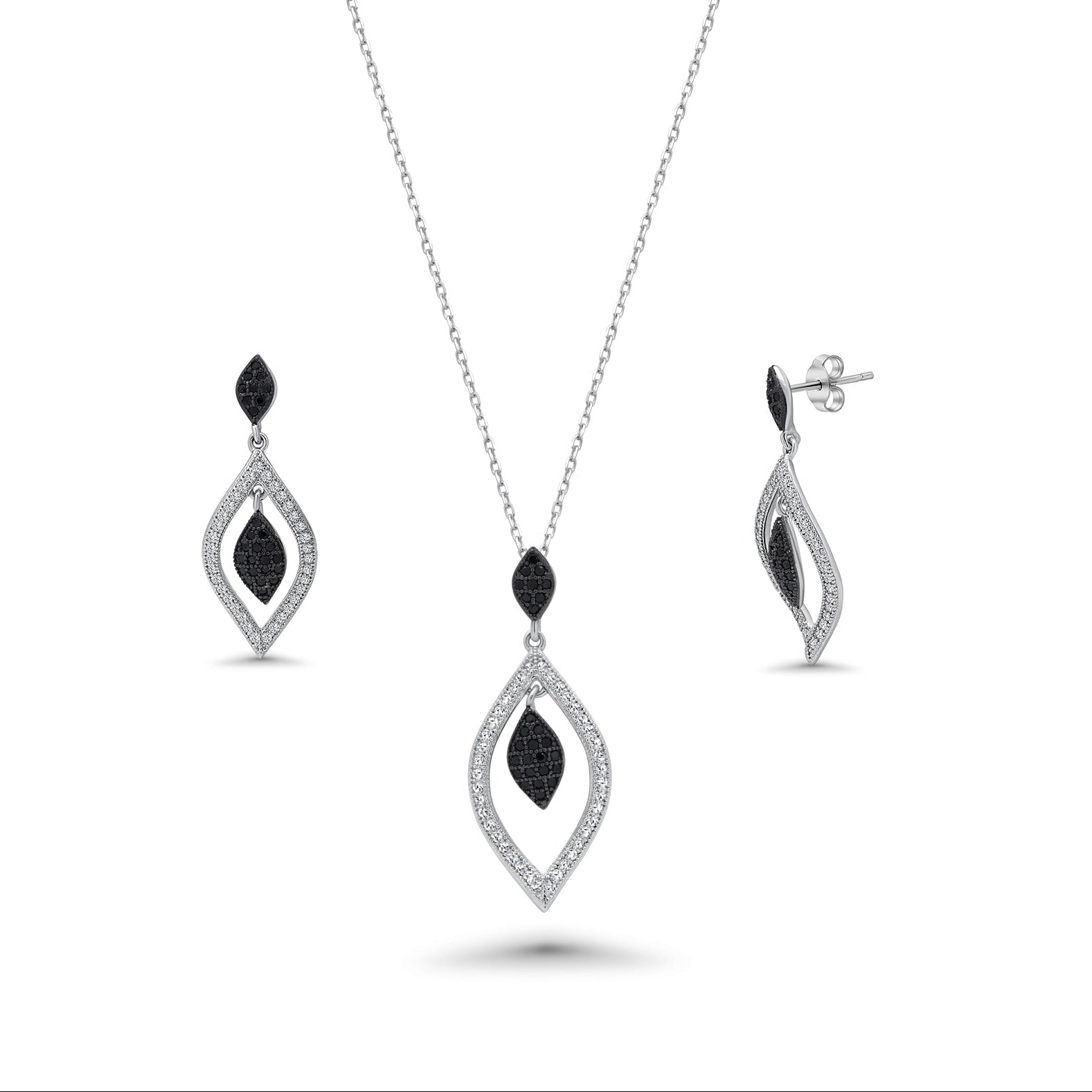 Rhodium Plated 925 Sterling Silver Black and Clear CZ Open Marquise Teardrop Set - BGS00271
