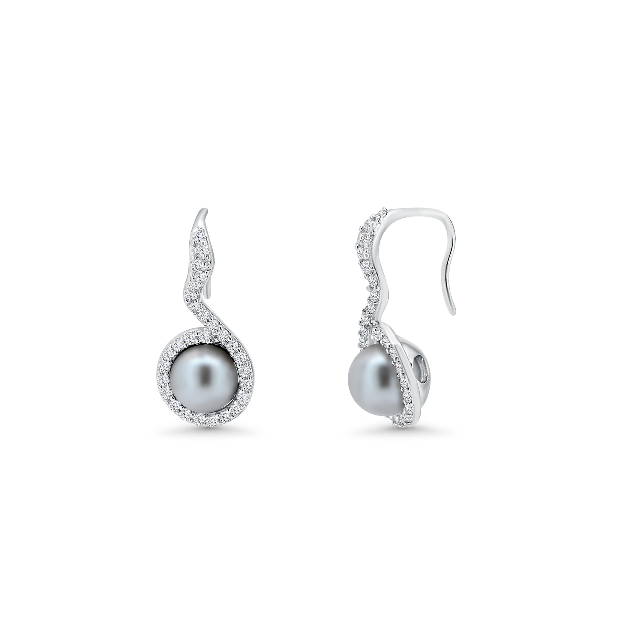 Rhodium Plated 925 Sterling Silver Black Pearl Clear CZ Hanging Stud Earring and Necklace Set - BGS00272