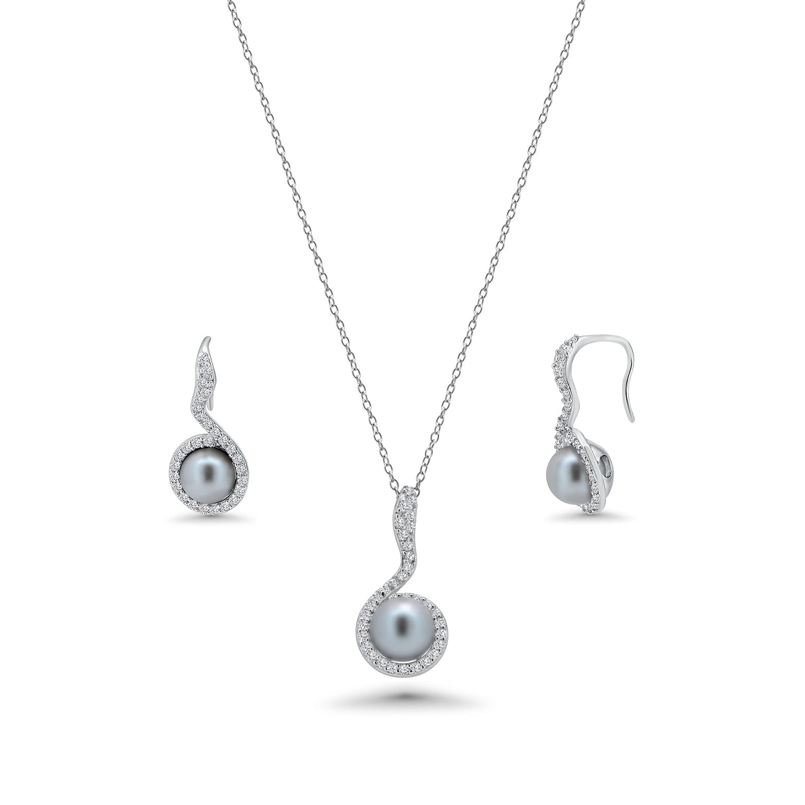 Rhodium Plated 925 Sterling Silver Black Pearl Clear CZ Hanging Stud Earring and Necklace Set - BGS00272