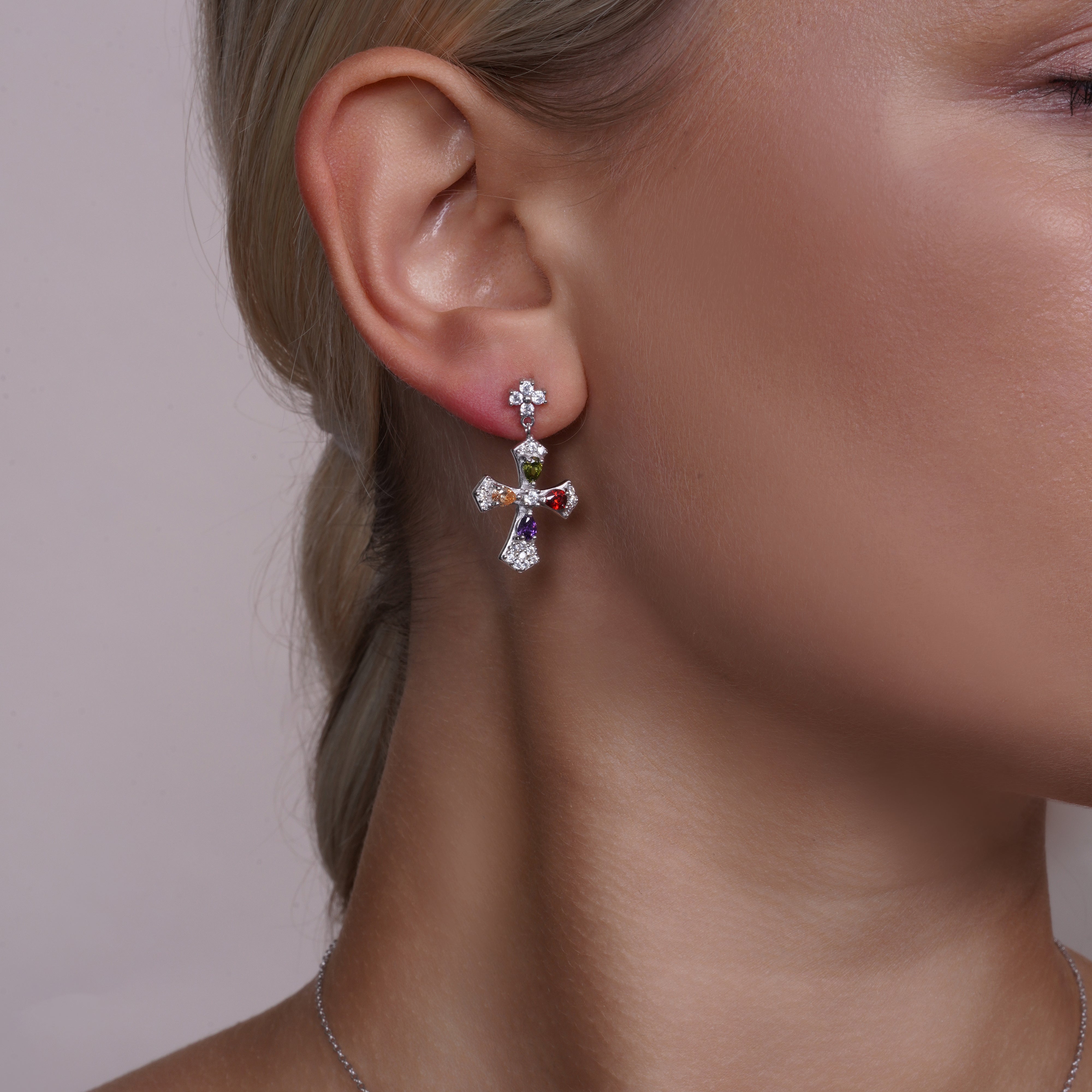 Rhodium Plated 925 Silver Multi Colored CZ Cross Stud Earring and Necklace Set - BGS00274