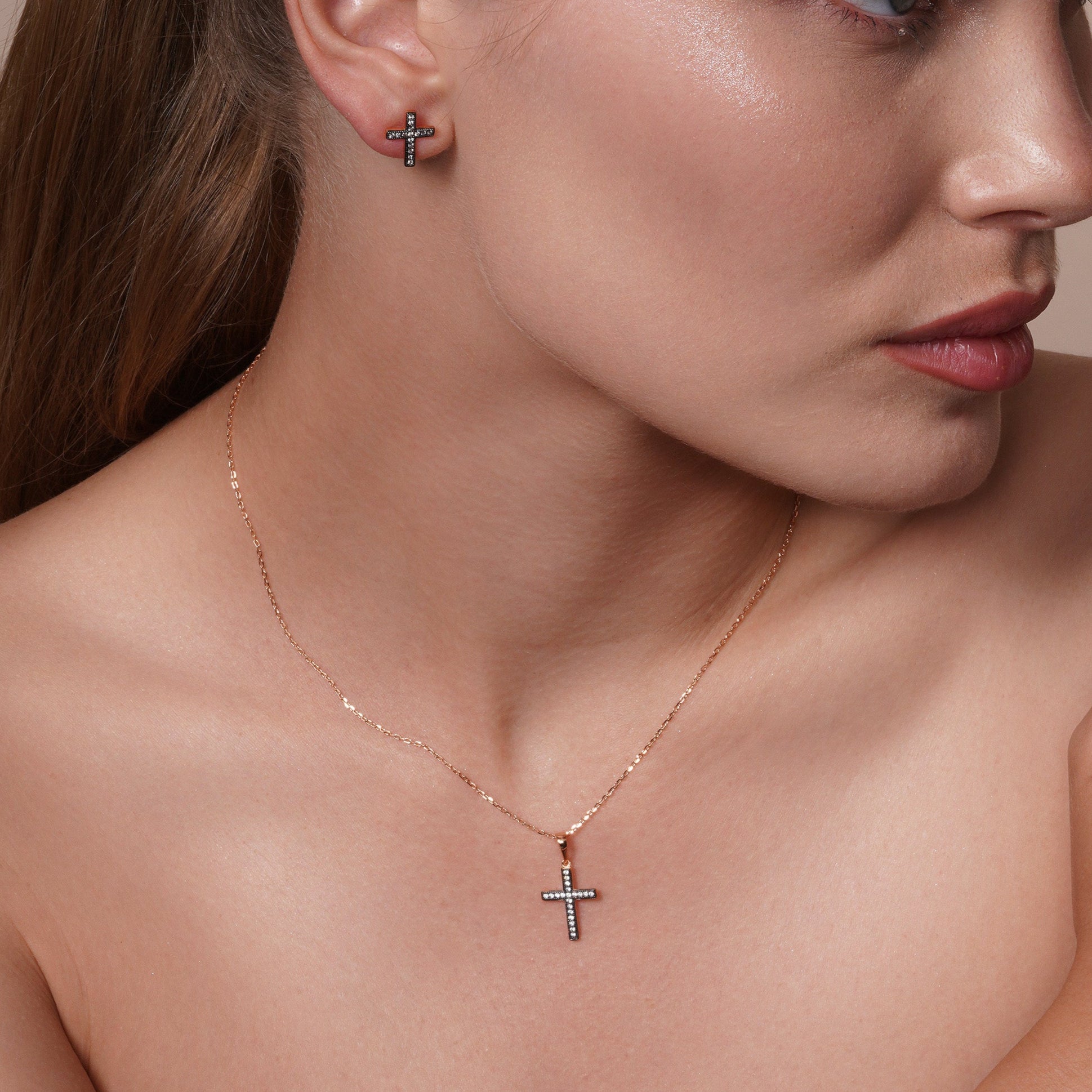 Silver 925 Black Rhodium and Gold Plated Cross Clear CZ Stud Earring and Necklace Set - BGS00277