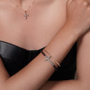 Silver 925 Gold and Black Rose Gold Plated Sideways Cross CZ Purple Beads Bracelet - BGB00108