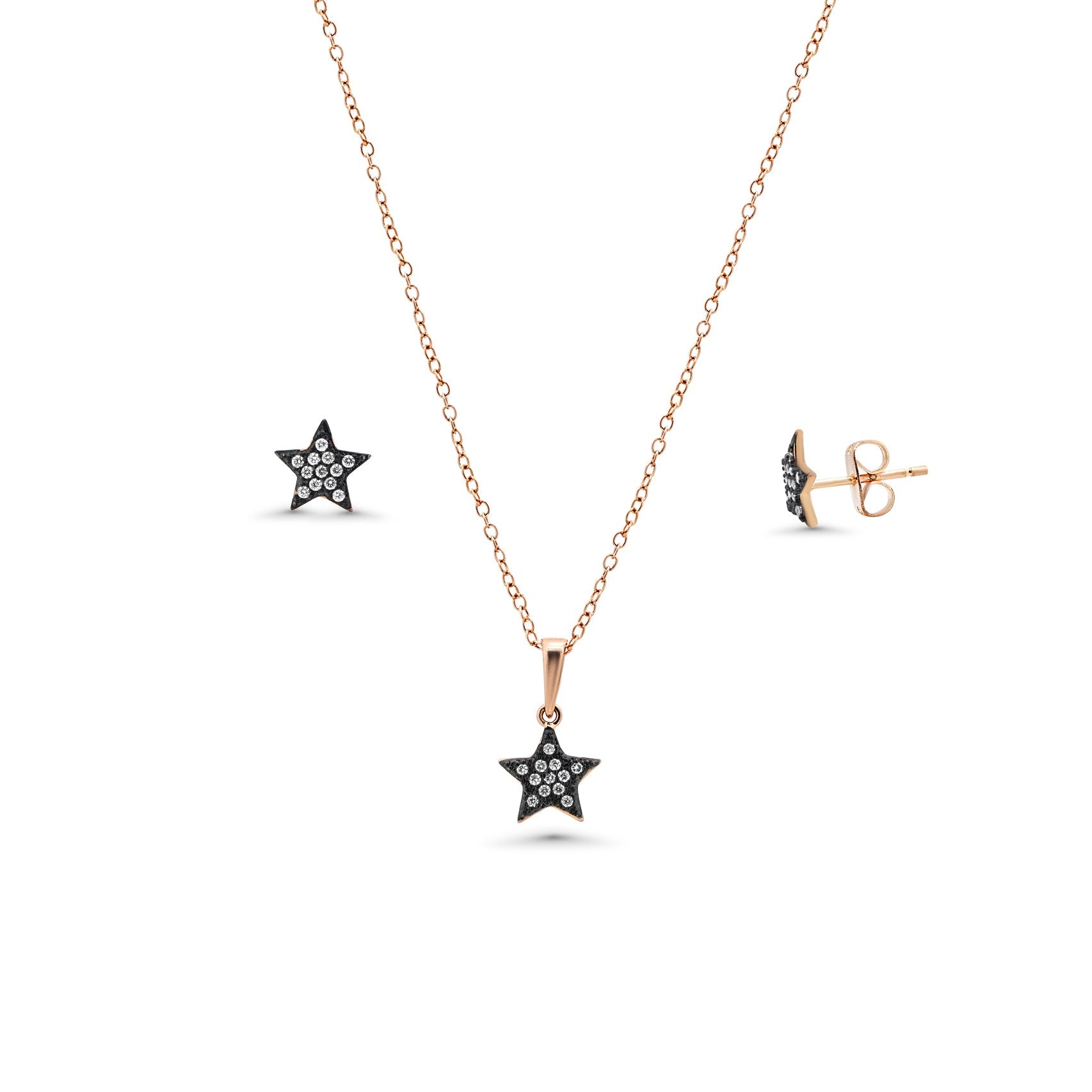 Black Rhodium & Rose Gold Plated 925 SIlver Clear Mini Star CZ Stud Earring and Necklace Set - BGS00278