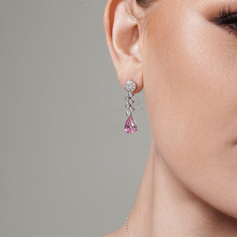 Silver 925 Rhodium Plated Clear and Pink Round and Teardrop CZ Drop Stud Earring and Necklace Set - BGS00294