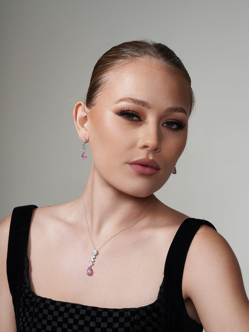 Silver 925 Rhodium Plated Clear and Pink Round and Teardrop CZ Drop Stud Earring and Necklace Set - BGS00294